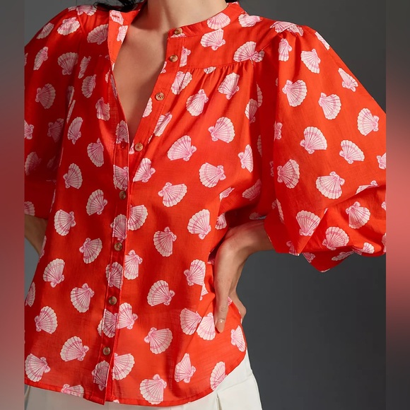 Maeve Tops - Maeve Anthropologie Shell Print red Women's puff sleeve button down blouse S